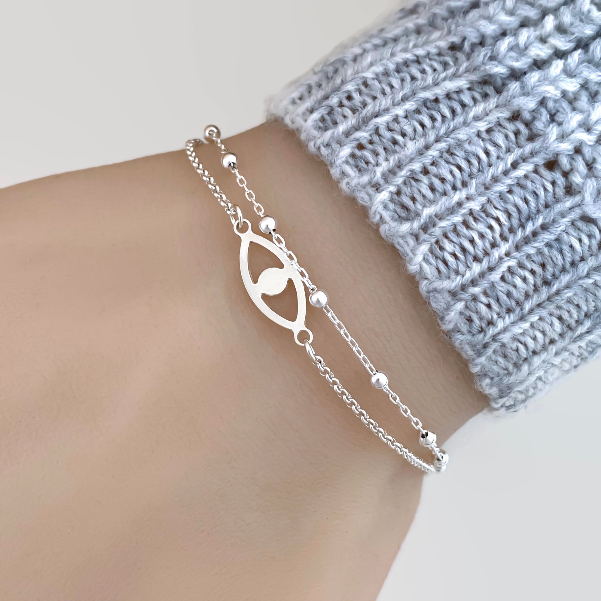 Lucky Eye Bracelet - Sterling Silver Double Chain Bracelet - Evil Eye Bracelet - Adjustable Talisman Bracelet