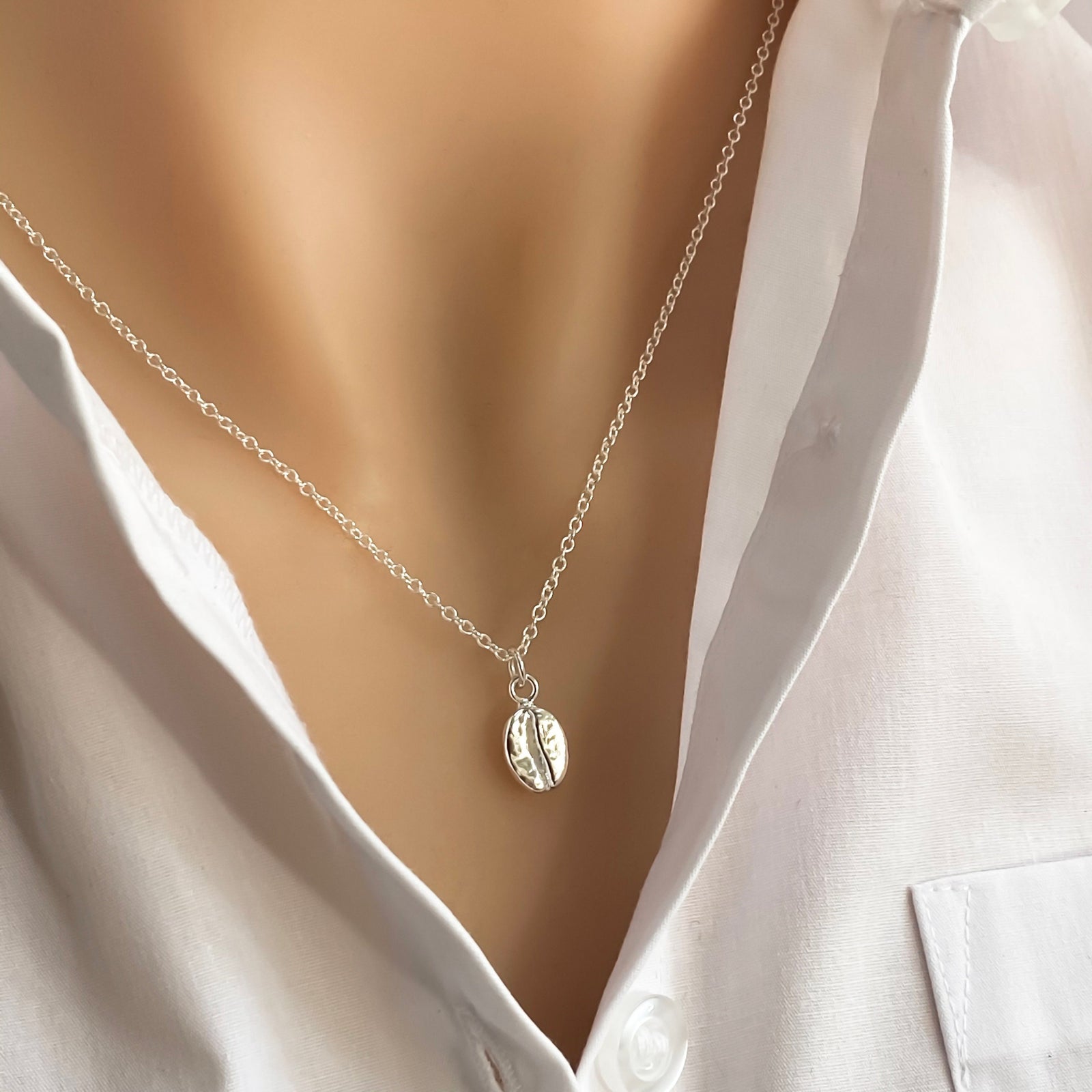 Coffee Bean Necklace, Sterling Silver Coffee Bean Necklace - JewelleryByZM 