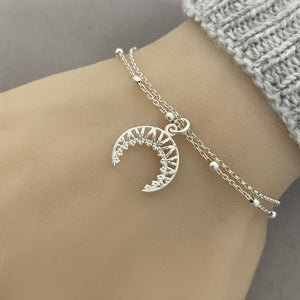 Sterling Silver Crescent Moon Bracelet, Layering Upside Down Moon Bracelet, Adjustable Bracelet
