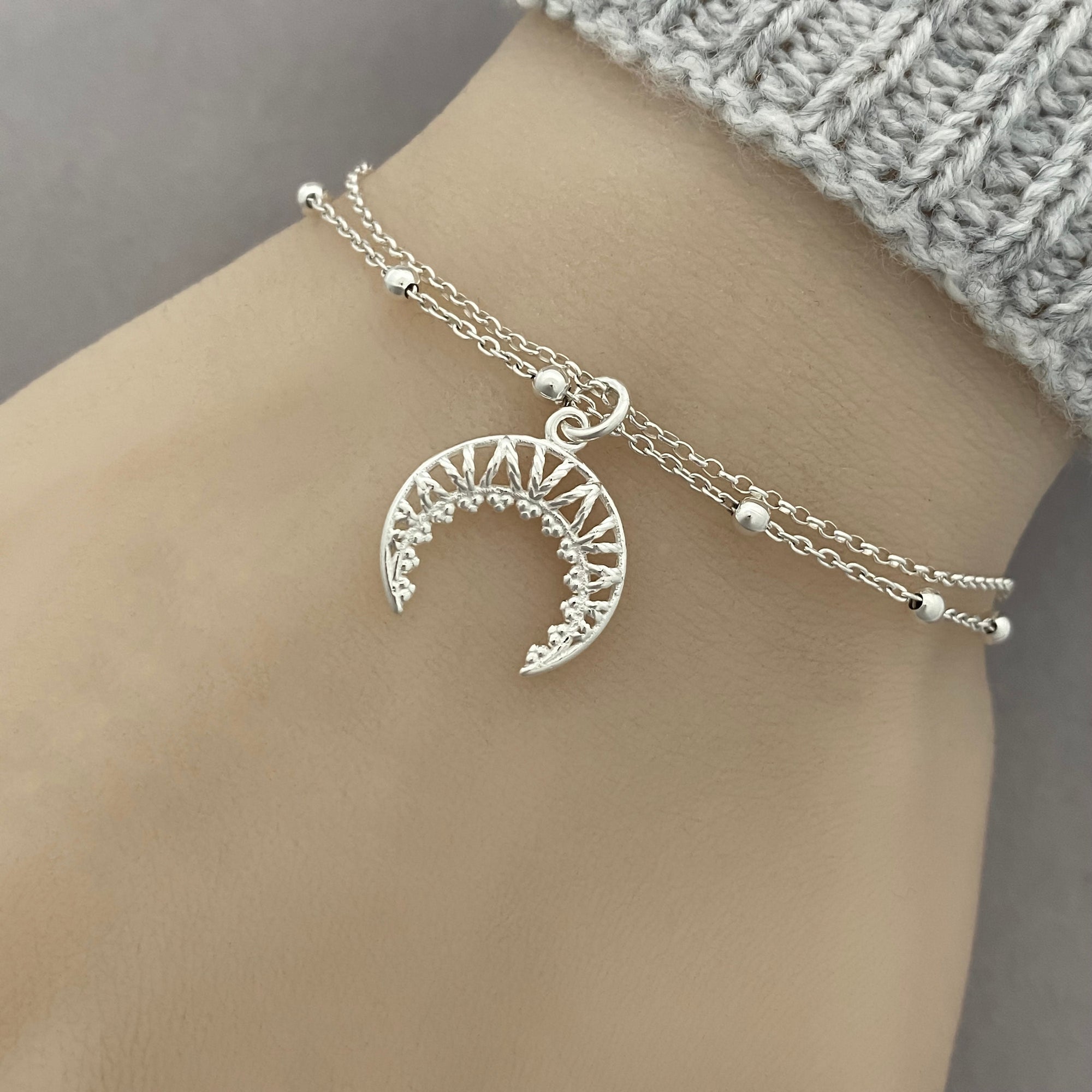 Sterling Silver Crescent Moon Bracelet, Layering Upside Down Moon Bracelet, Adjustable Bracelet