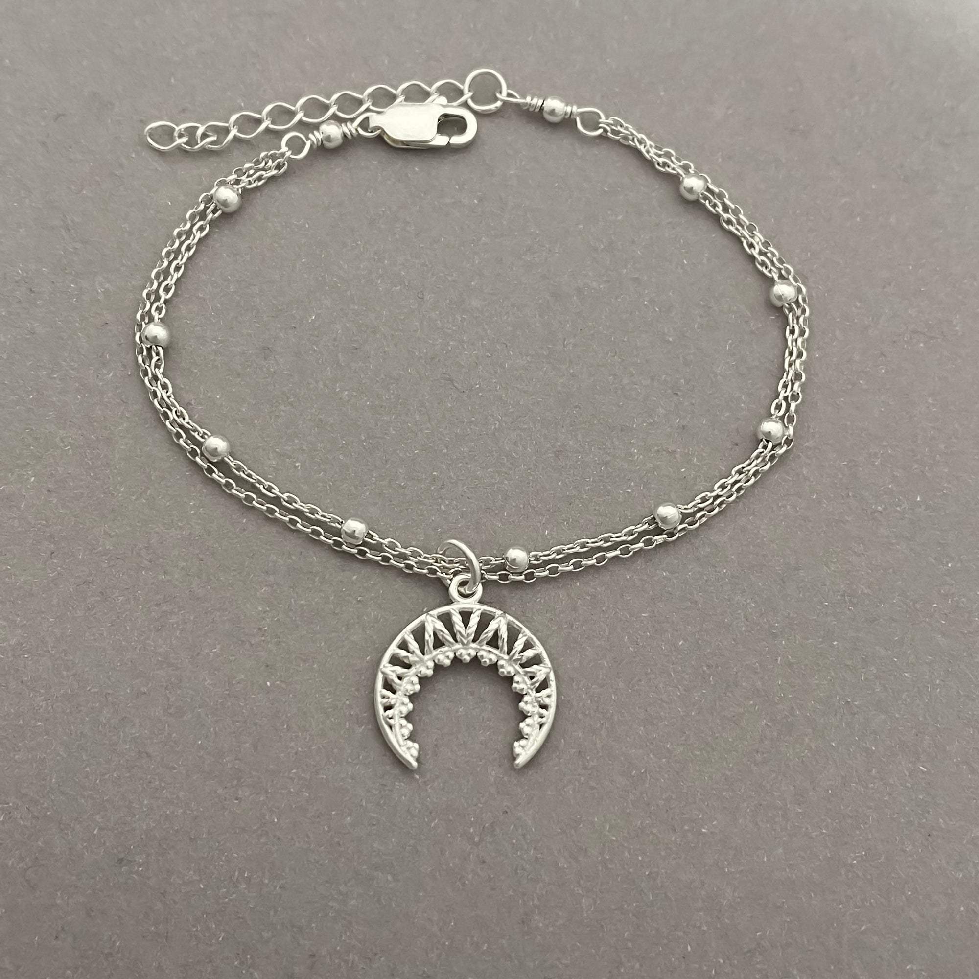 Sterling Silver Crescent Moon Bracelet, Layering Upside Down Moon Bracelet, Adjustable Bracelet