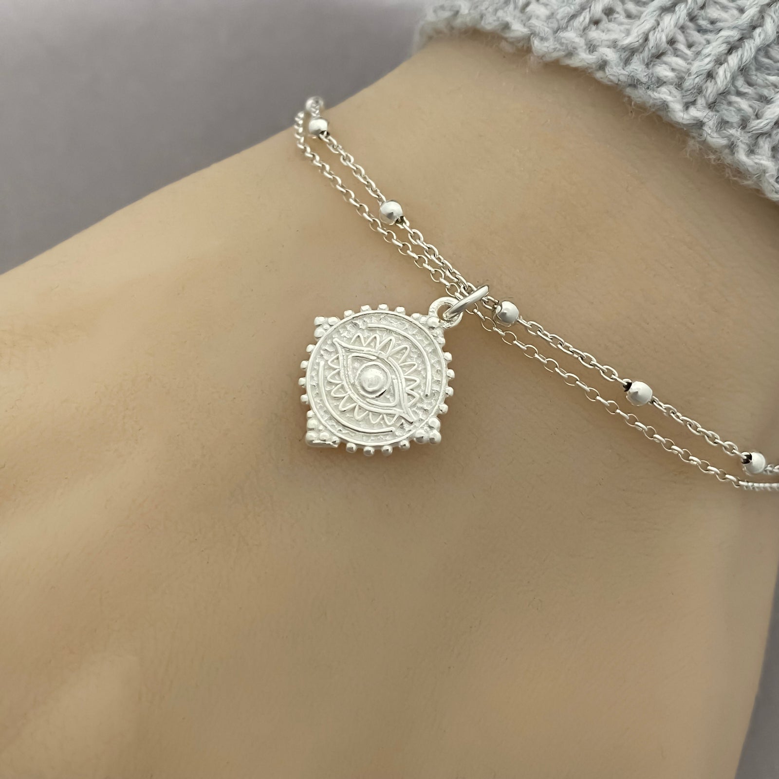 Sterling Silver Lucky Eye Bracelet - Sterling Silver Double Chain Bracelet - Adjustable Talisman Bracelet - JewelleryByZM 