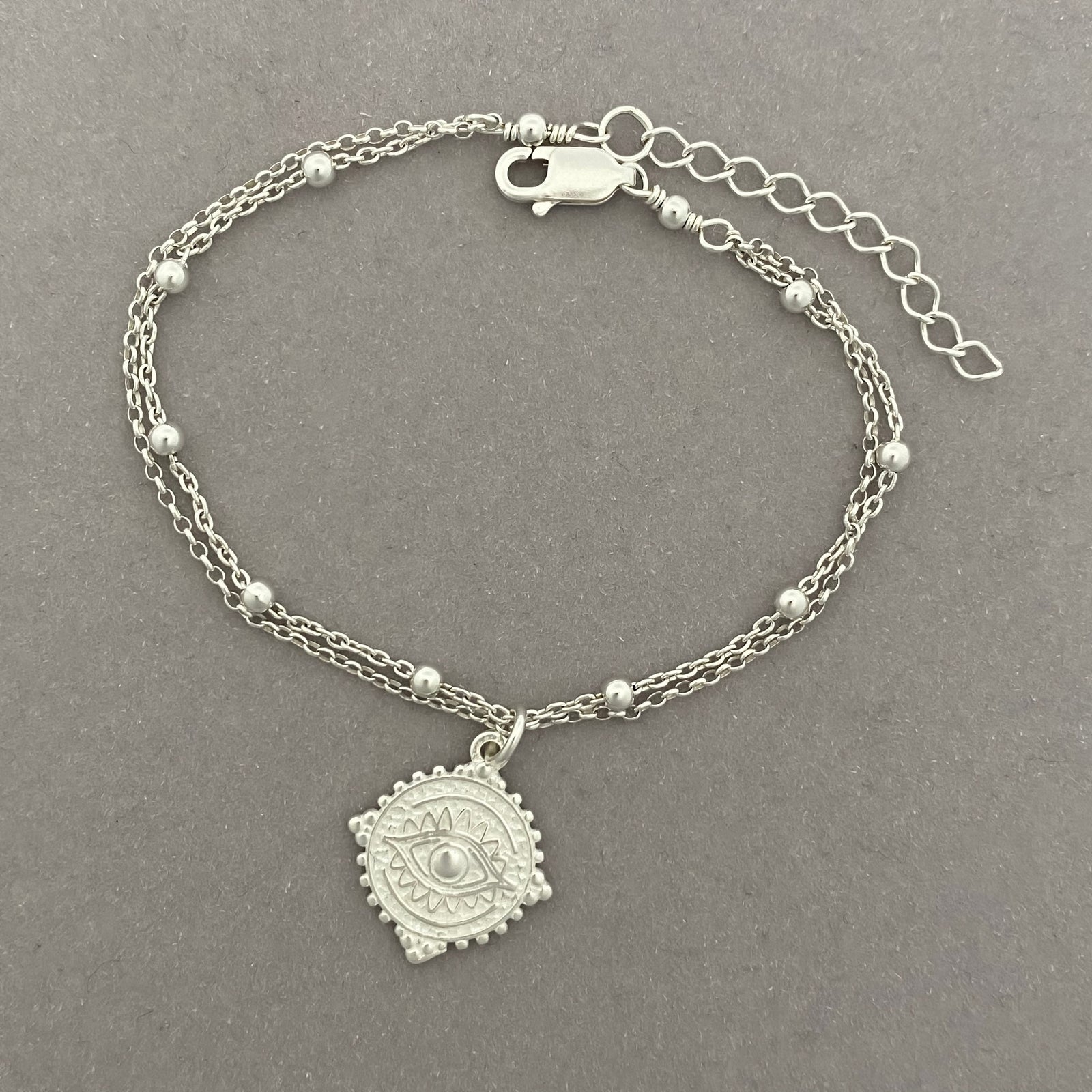 Sterling Silver Lucky Eye Bracelet - Sterling Silver Double Chain Bracelet - Adjustable Talisman Bracelet - JewelleryByZM 