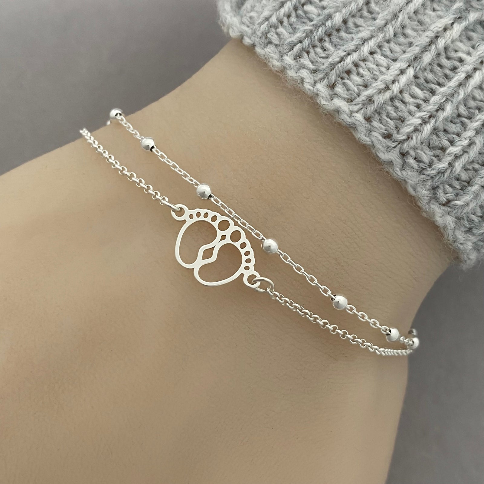Sterling Silver Baby Feet Bracelet - Double Chain Adjustable Bracelet - Anklet - JewelleryByZM 