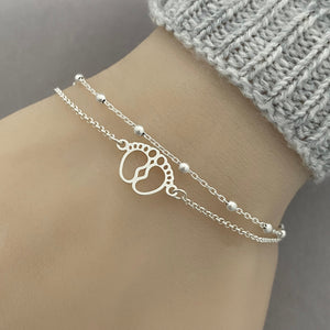 Sterling Silver Baby Feet Bracelet - Double Chain Adjustable Bracelet - Anklet