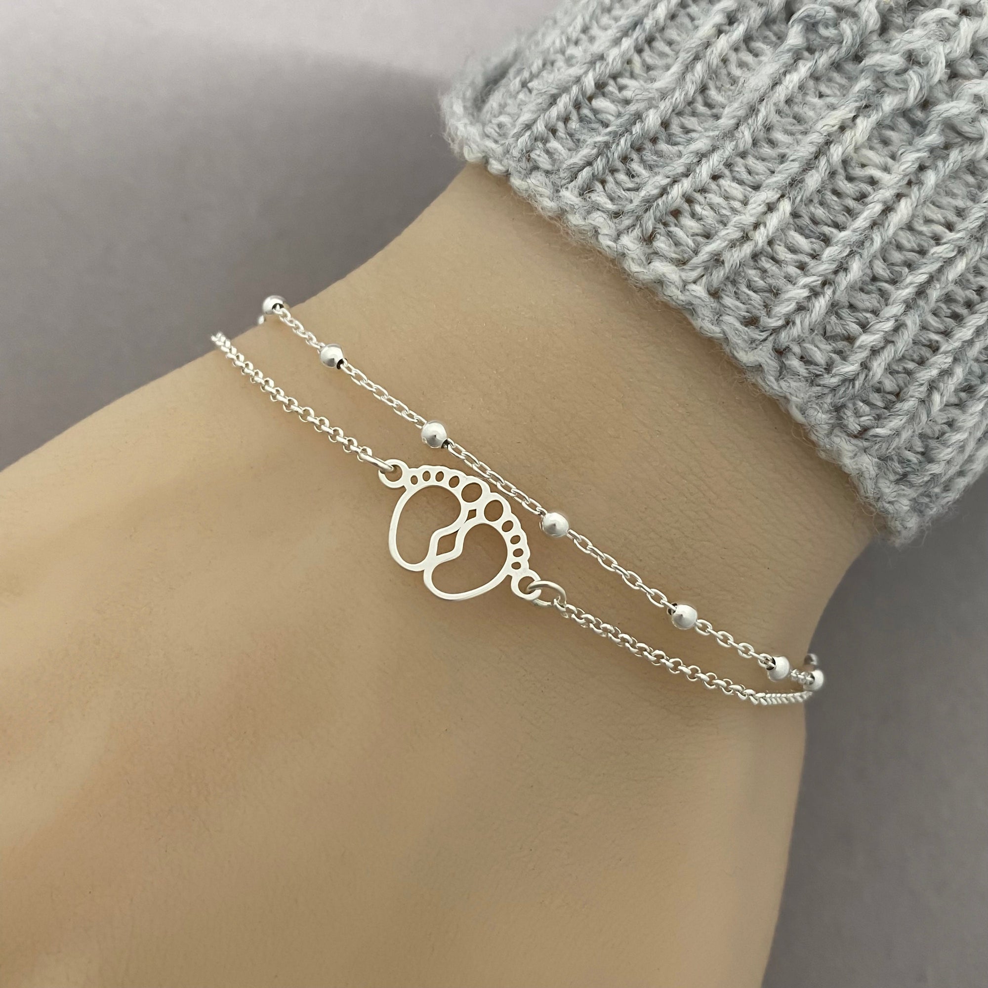 Sterling Silver Baby Feet Bracelet - Double Chain Adjustable Bracelet - Anklet