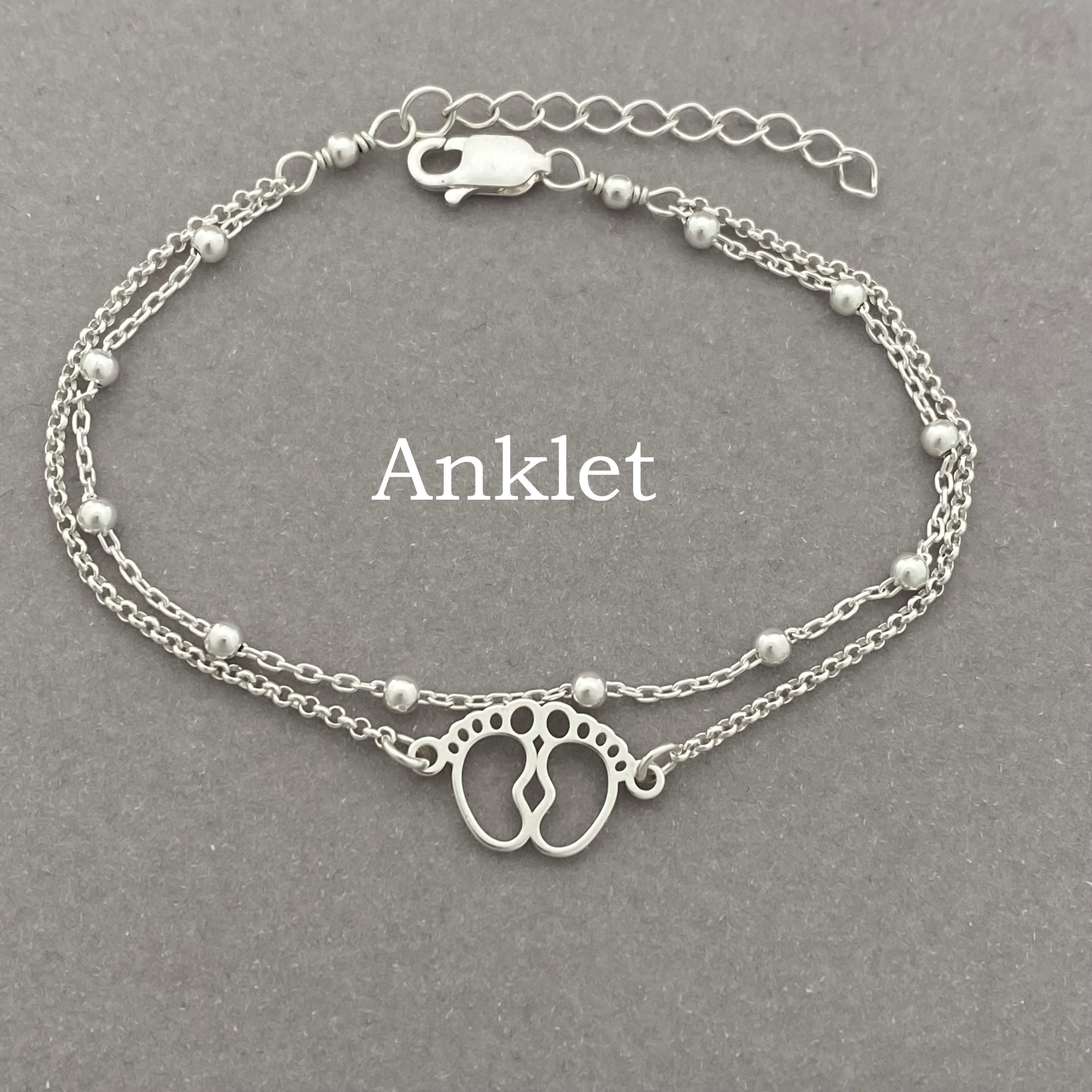 Sterling Silver Baby Feet Bracelet - Double Chain Adjustable Bracelet - Anklet