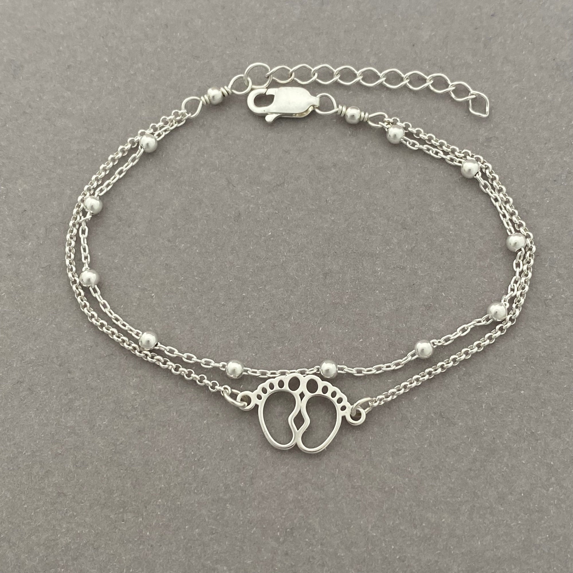 Sterling Silver Baby Feet Bracelet - Double Chain Adjustable Bracelet - Anklet