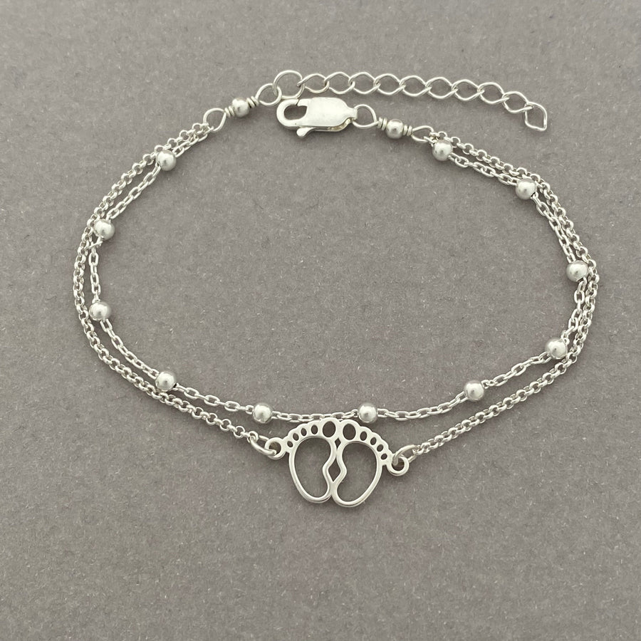 Sterling Silver Baby Feet Bracelet - Double Chain Adjustable Bracelet - Anklet