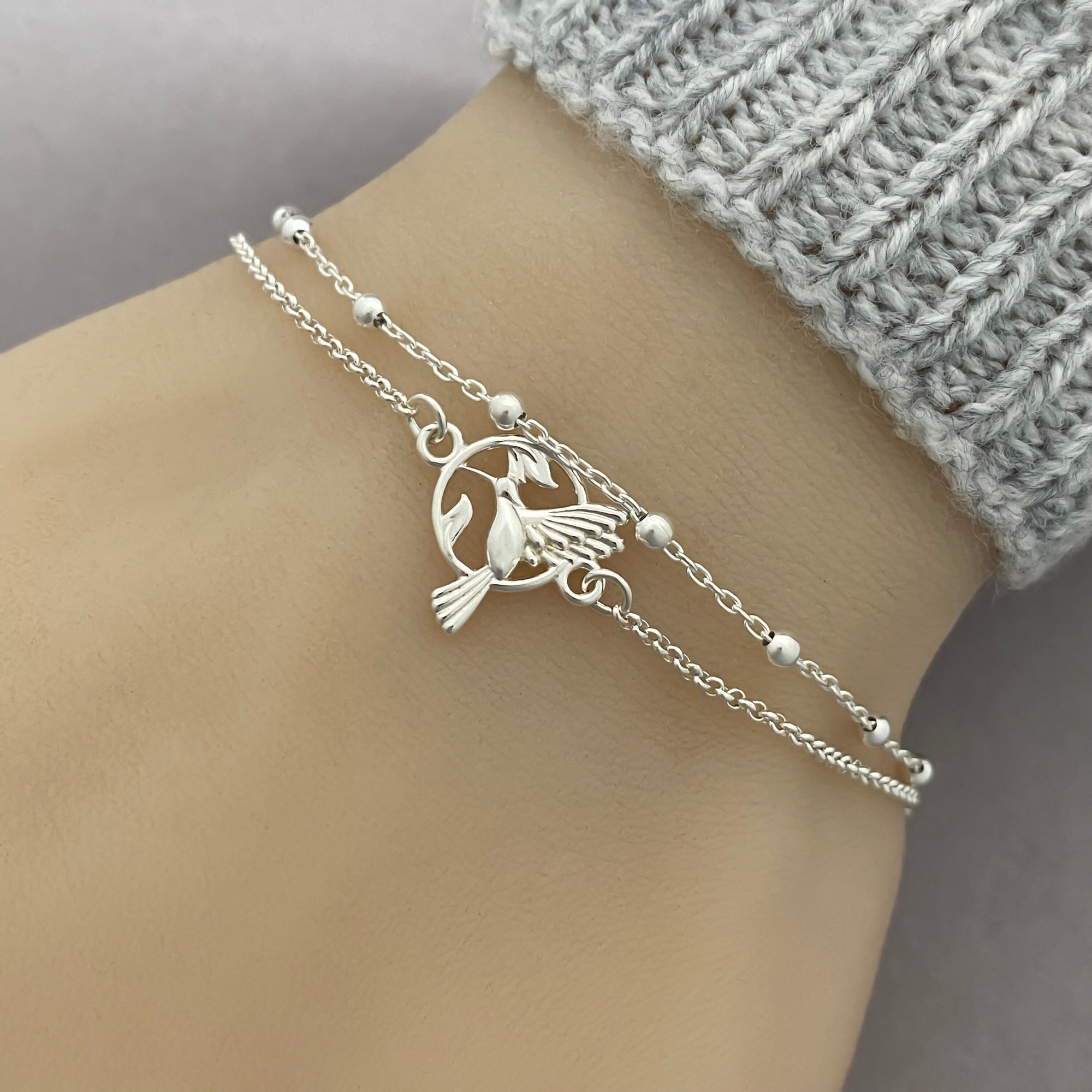 Sterling Silver Double Chain Hummingbird Bracelet