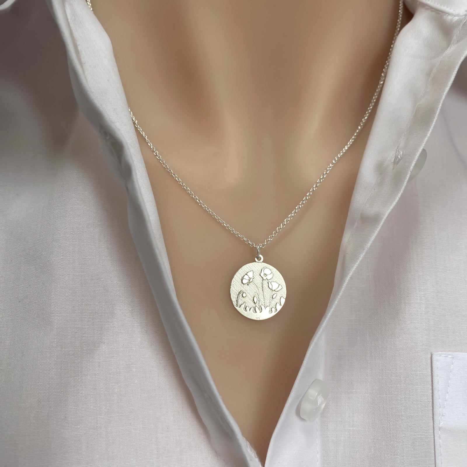 Poppy Necklace in Sterling Silver - Sterling Silver Poppy Necklace - JewelleryByZM 