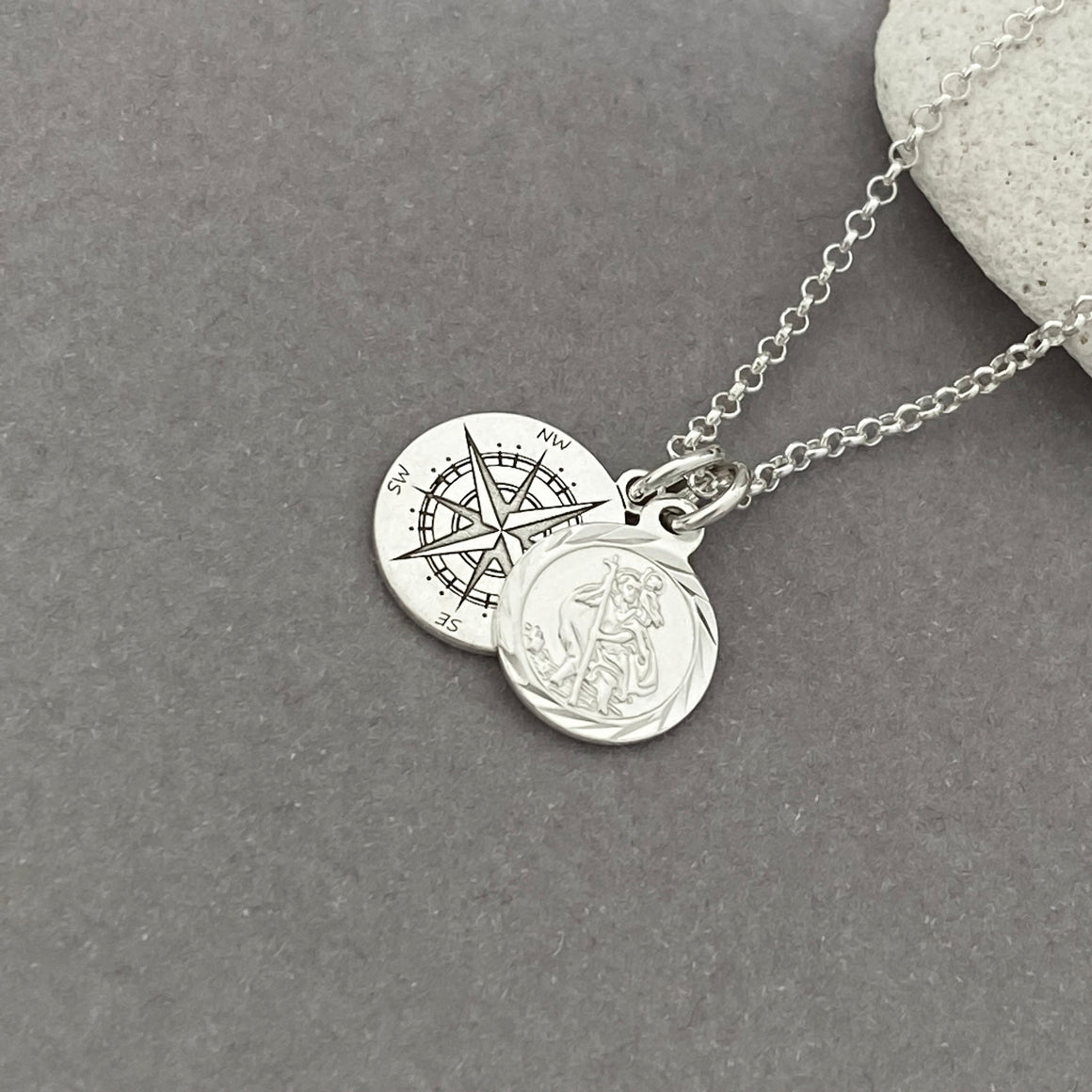 Sterling Silver Travellers Necklace - Protection Necklace, Saint Christopher and Compass Charm Necklace