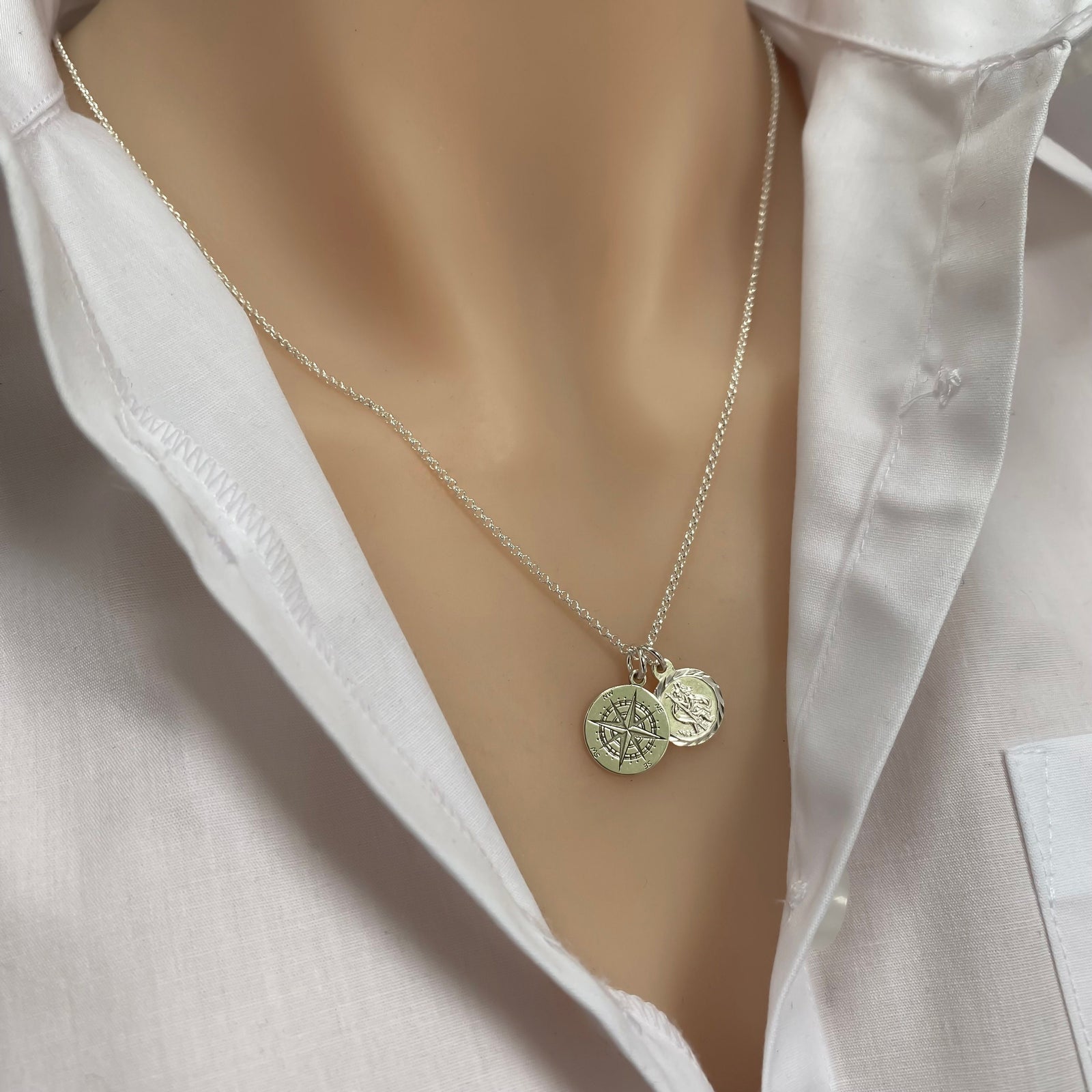 Sterling Silver Travellers Necklace - Protection Necklace, Saint Christopher and Compass Charm Necklace - JewelleryByZM 