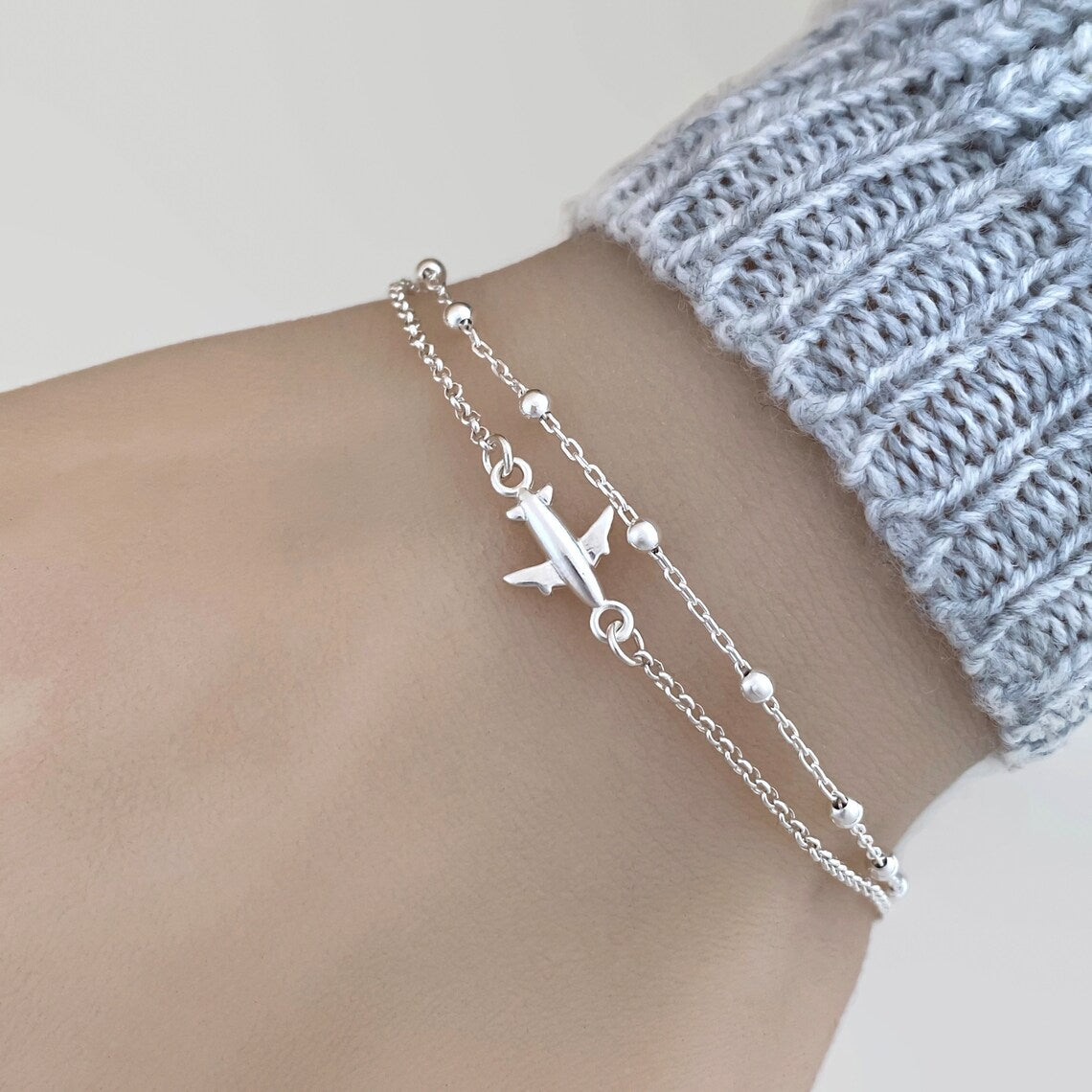 Sterling Silver Tiny Plane Bracelet, Layering Plane Bracelet, Travel Bracelet